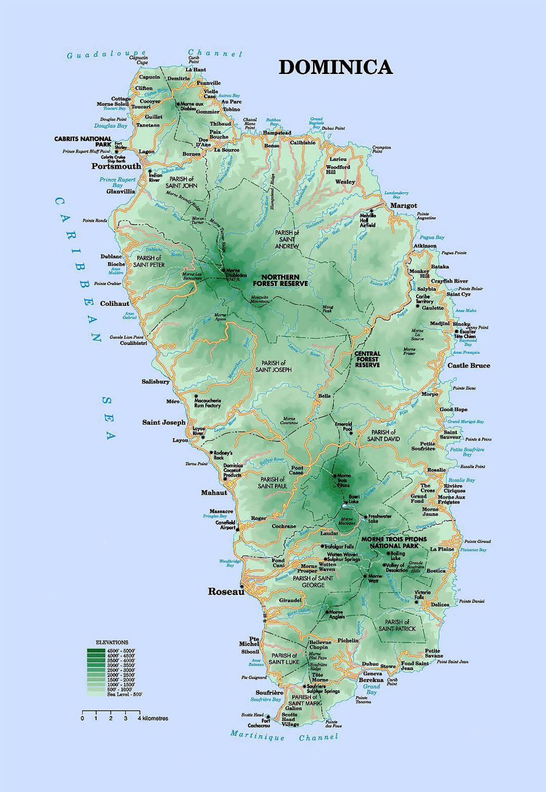 Детальная карта высот Доминики с дорогами и городами