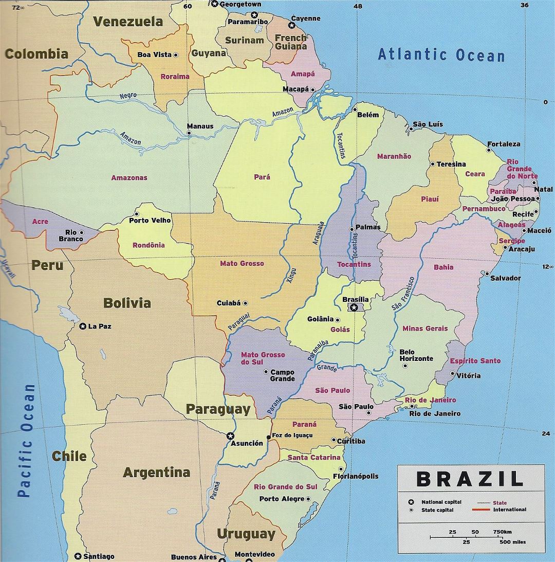 Большая детальная политическая и административная карта Бразилии с
